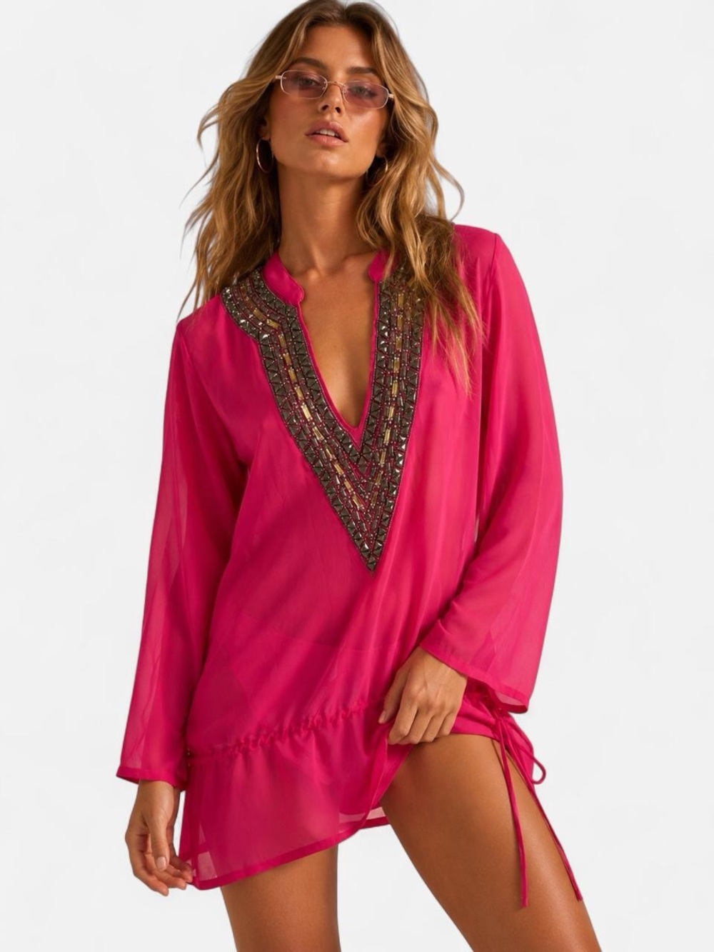 Boston Proper Hot Pink Beaded Tunic Swim Cover Up Y2K McBling Small Resort Sheer